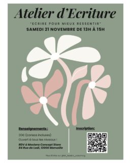 ✨ Atelier d’écriture : Écrire pour mieux ressentir ✨
Et si on prenait le temps de poser des mots sur ce que l’on ressent ? 💭
En collaboration avec l’association @merles.ecriture , je vous propose un atelier d’écriture autour des émotions, le 21 novembre 2026 de 13h à 15h.
Un moment pour ralentir, explorer son monde intérieur et découvrir comment l’écriture peut nous aider à mieux comprendre, identifier et accueillir nos émotions. 🖋️🤍
Aucun prérequis nécessaire, juste l’envie d’écrire, de se découvrir et de partager un moment hors du quotidien.
☁️ Au programme :
✍️ Des propositions d’écriture accessibles à toutes et tous
💭 Un temps pour explorer et mettre des mots sur ses émotions
☕ Des boissons et de délicieuses pâtisseries pour accompagner ce moment
📅 Date : 21 novembre à 13h
💌 Tarif : 20 € par personne, 1 boisson et 1 pâtisserie incluses
👥 Places limitées : 8 personnes maximum pour préserver un cadre intimiste et convivial.
📍Mostera Concept Store, 84 rue de lodi 13006 Marseille @mostera.conceptstore
✨ Pour vous inscrire, rendez-vous sur le lien en bio ou scannez le QR code !
Hâte de partager ce moment d’écriture avec vous 💕
#atelierecriture #ateliermarseille #écritureintuitive #journaling #regulationemotionnelle